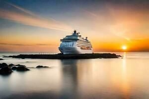 un' crociera nave nel il oceano a tramonto. ai-generato foto