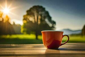 un' rosso caffè tazza si siede su un' di legno tavolo nel davanti di un' campo. ai-generato foto