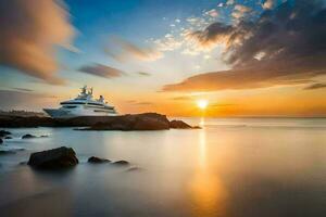 un' yacht è attraccato a tramonto su il oceano. ai-generato foto