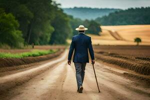 un' uomo nel un' completo da uomo e cappello a piedi giù un' sporco strada. ai-generato foto