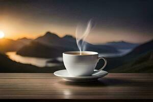 un' tazza di caffè su un' di legno tavolo con montagne nel il sfondo. ai-generato foto