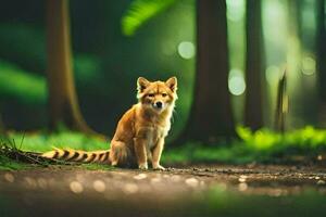 un' rosso Volpe seduta nel il mezzo di un' foresta. ai-generato foto