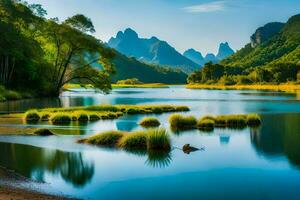 un' lago circondato di montagne e erba. ai-generato foto