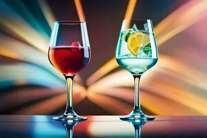 Due bicchieri di vino con colorato luci nel il sfondo. ai-generato foto