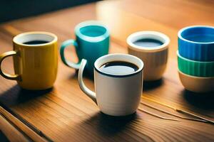 un' gruppo di caffè tazze e un' cucchiaio. ai-generato foto