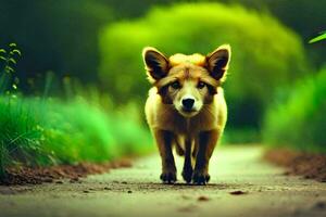 un' cane a piedi giù un' sentiero nel il mezzo di un' campo. ai-generato foto