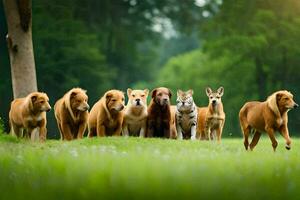 un' gruppo di cani in piedi nel un' campo. ai-generato foto