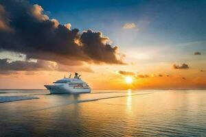 un' crociera nave nel il oceano a tramonto. ai-generato foto