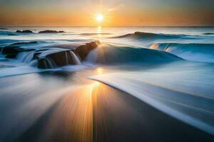 il sole sorge al di sopra di il oceano nel Questo lungo esposizione fotografia. ai-generato foto