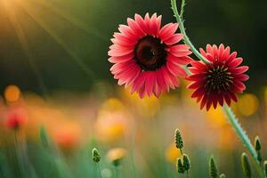 Due rosso fiori nel un' campo con il sole splendente. ai-generato foto