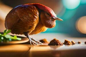 un' piccolo uccello è in piedi su un' tavolo con cibo. ai-generato foto