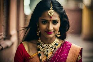 un' bellissimo indiano donna indossare gioielleria e un' sari. ai-generato foto