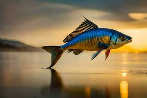 un' pesce è salto su di il acqua a tramonto. ai-generato foto