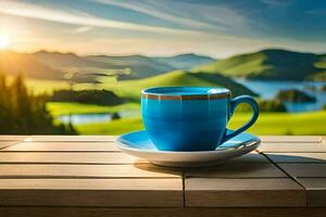 caffè tazza su il balcone, lago, montagne, Alba, HD sfondo. ai-generato foto