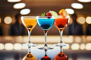 tre diverso colorato cocktail su un' tavolo. ai-generato foto