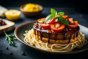 un' piatto con spaghetti e pomodoro salsa. ai-generato foto