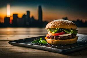 un' Hamburger su un' nero piatto con un' città orizzonte nel il sfondo. ai-generato foto