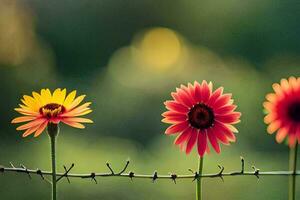 tre colorato fiori siamo in piedi su un' spinato filo recinzione. ai-generato foto