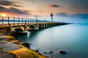 un' lungo esposizione fotografia di un' faro a tramonto. ai-generato foto