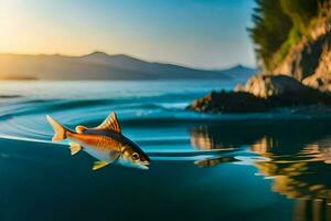 un' pesce nuoto nel il oceano a tramonto. ai-generato foto