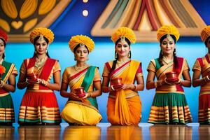 indiano donne nel colorato costumi Tenere candele. ai-generato foto