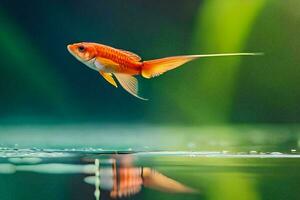 un' pesce rosso è volante al di sopra di acqua. ai-generato foto
