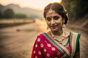 un' bellissimo indiano sposa nel un' tradizionale sari. ai-generato foto