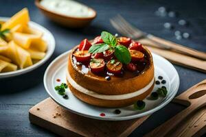 un' torta con frutta e formaggio su un' piatto. ai-generato foto