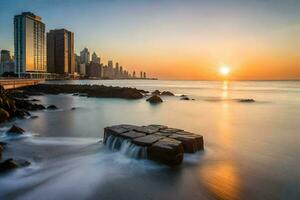 il sole imposta al di sopra di il città orizzonte nel dubai. ai-generato foto