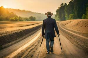 un' uomo nel un' completo da uomo e cappello a piedi giù un' sporco strada. ai-generato foto