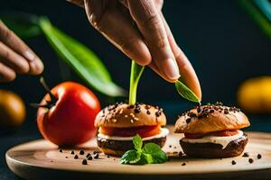 un' persona è Tenere un' pezzo di formaggio su un' piatto con Due mini hamburger. ai-generato foto