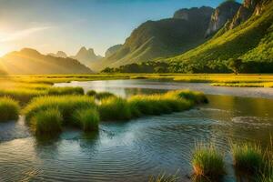 il sole sorge al di sopra di un' fiume nel il montagne. ai-generato foto