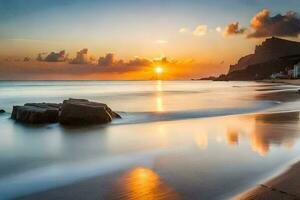 tramonto su il spiaggia, rocce, acqua, spiaggia, HD sfondo. ai-generato foto