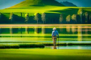 un' uomo a piedi attraverso un' lago con un' cappello e canna. ai-generato foto