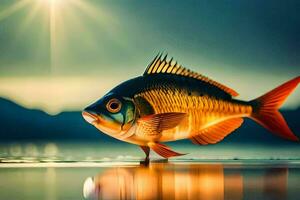 un' pesce è in piedi su il acqua con il sole nel il sfondo. ai-generato foto