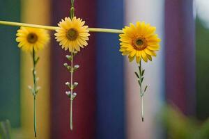 tre giallo fiori sospeso a partire dal un' corda. ai-generato foto