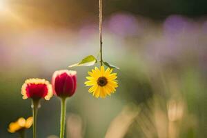 un' girasole e un' tulipano siamo sospeso a partire dal un' corda. ai-generato foto