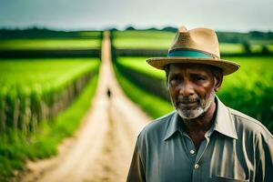 un africano uomo nel un' cappello sta nel un' campo. ai-generato foto