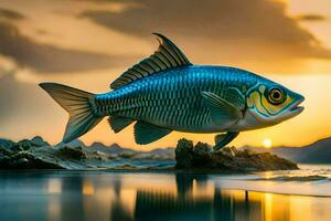 un' pesce è volante al di sopra di il acqua a tramonto. ai-generato foto