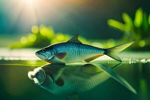 un' pesce è galleggiante nel il acqua con il sole splendente. ai-generato foto