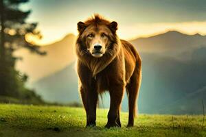 un' Leone sta nel il erba con montagne nel il sfondo. ai-generato foto