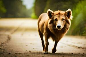 un' Marrone cane a piedi su un' sporco strada. ai-generato foto