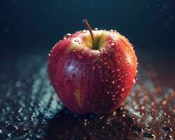 avvicinamento di maturo rosso Mela con acqua gocce. ai generato foto