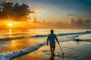 un' uomo a piedi su il spiaggia a tramonto. ai-generato foto