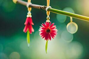 Due rosso fiori sospeso a partire dal un' ramo. ai-generato foto