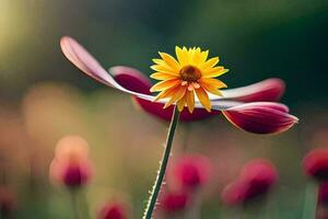 un' singolo giallo fiore è in piedi nel il mezzo di un' campo. ai-generato foto