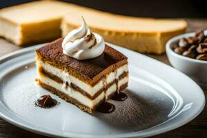 un' fetta di torta con frustato crema e caffè fagioli. ai-generato foto