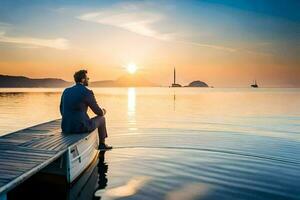 un' uomo seduta su un' barca nel il acqua a tramonto. ai-generato foto