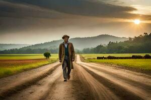 un' uomo a piedi giù un' sporco strada nel il mezzo di un' campo. ai-generato foto