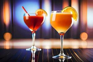 Due bicchieri di cocktail con arancia fette su il orlo. ai-generato foto